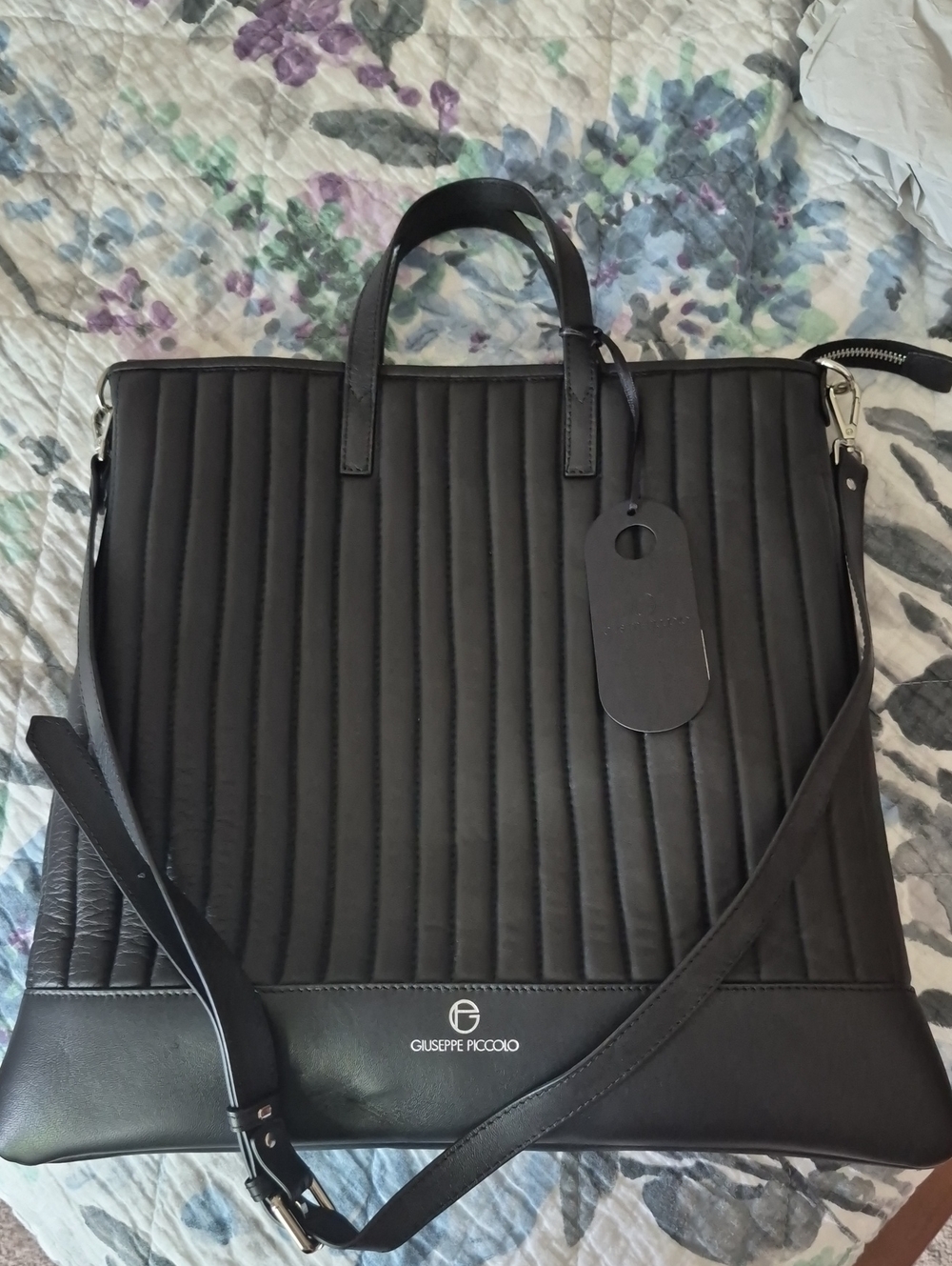 Black Quilted Leather Tote with Detachable Strap